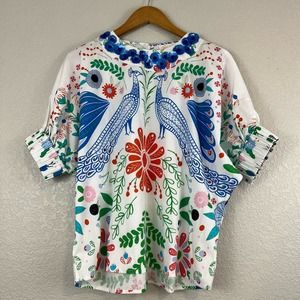 NWT Sheridan French Flora White Otomi Peacock Print Short Sleeved Boho Top Sz XS